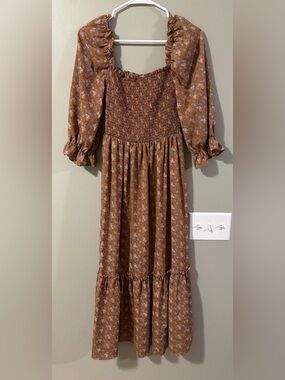 Smocked Rust Floral Maxi Dress with Puff Sleeves